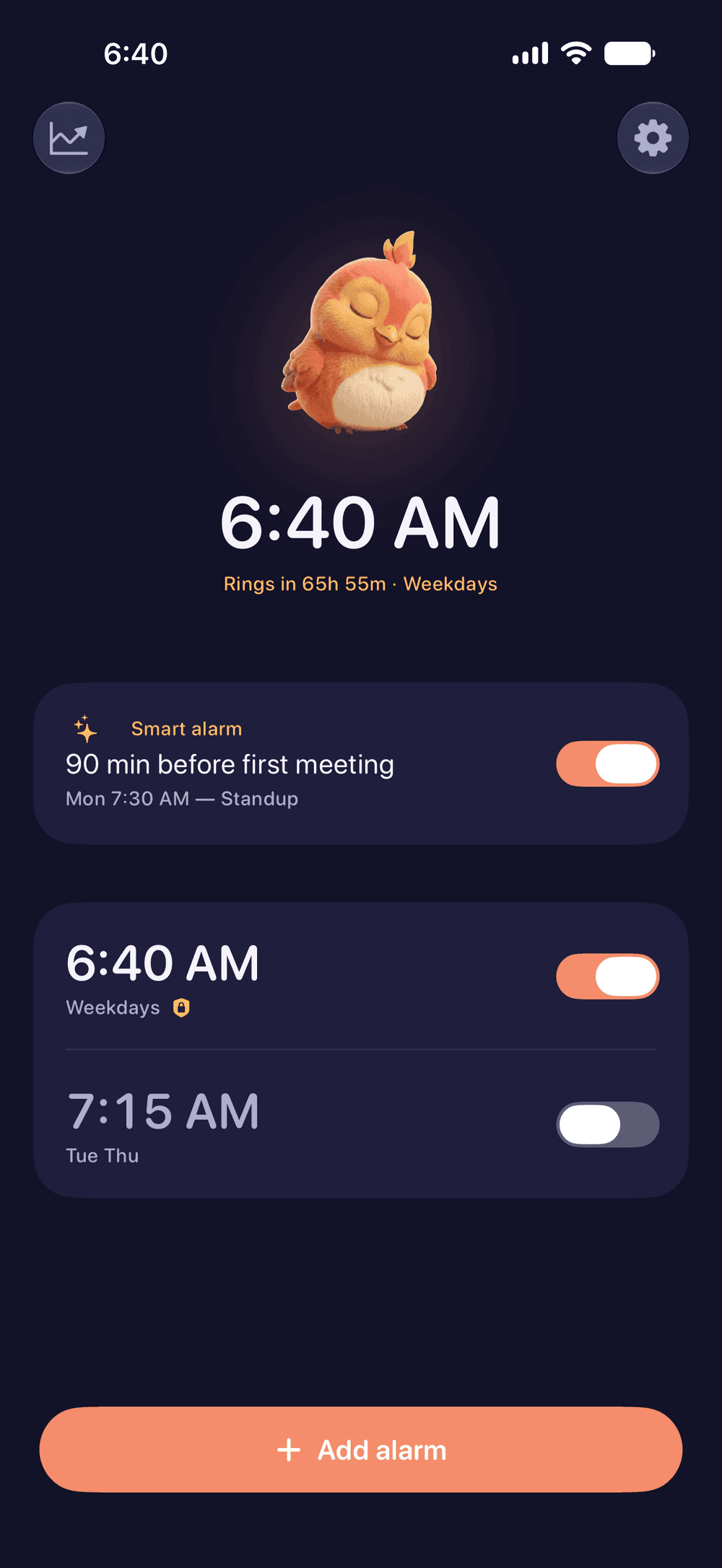 WakeSharp home screen at night, showing a 6:40 AM alarm and a smart calendar rule