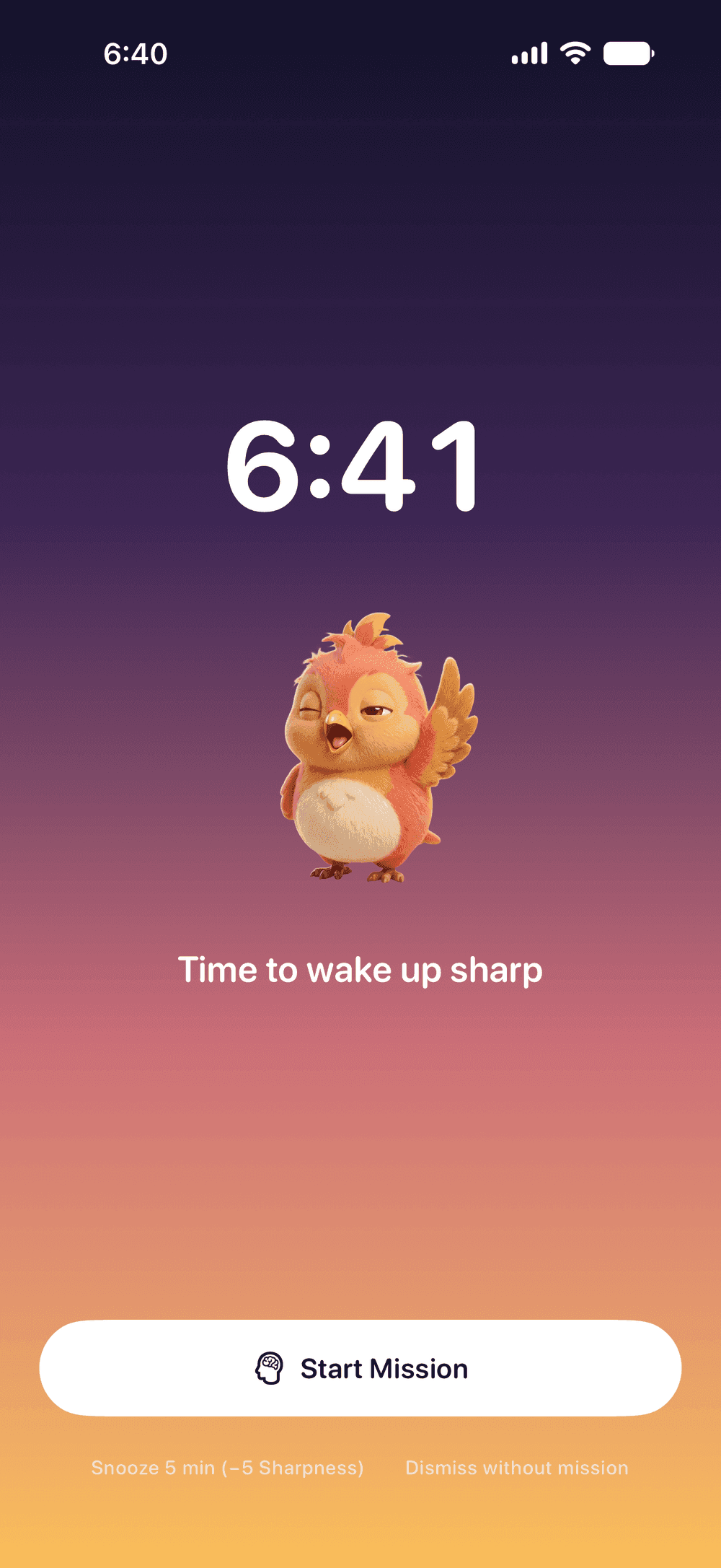 The WakeSharp alarm ringing, with Start Mission and Snooze