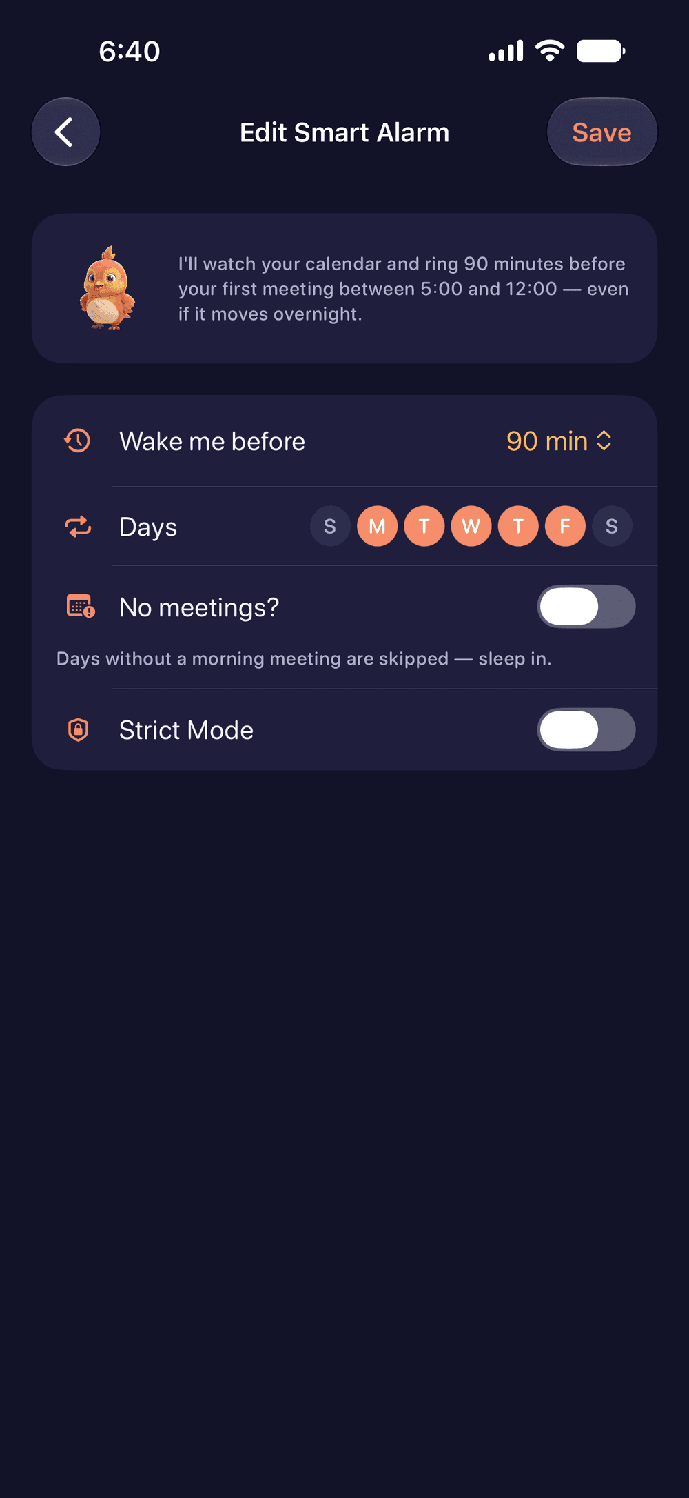 The smart alarm rule editor, set to ring 90 minutes before the first meeting